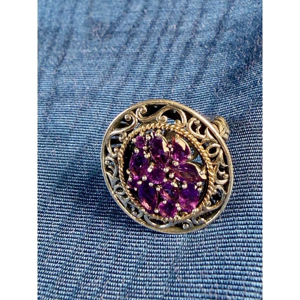 QG Sterling Silver 14K Gold Amethyst Cluster Filigree Statement Ring Thailand